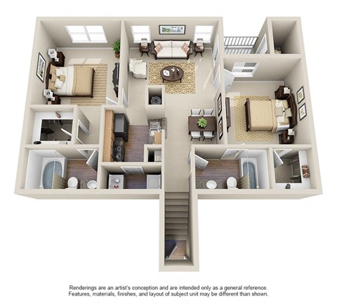 Floor plan for 2 beds, 2 baths, 1107 sqft